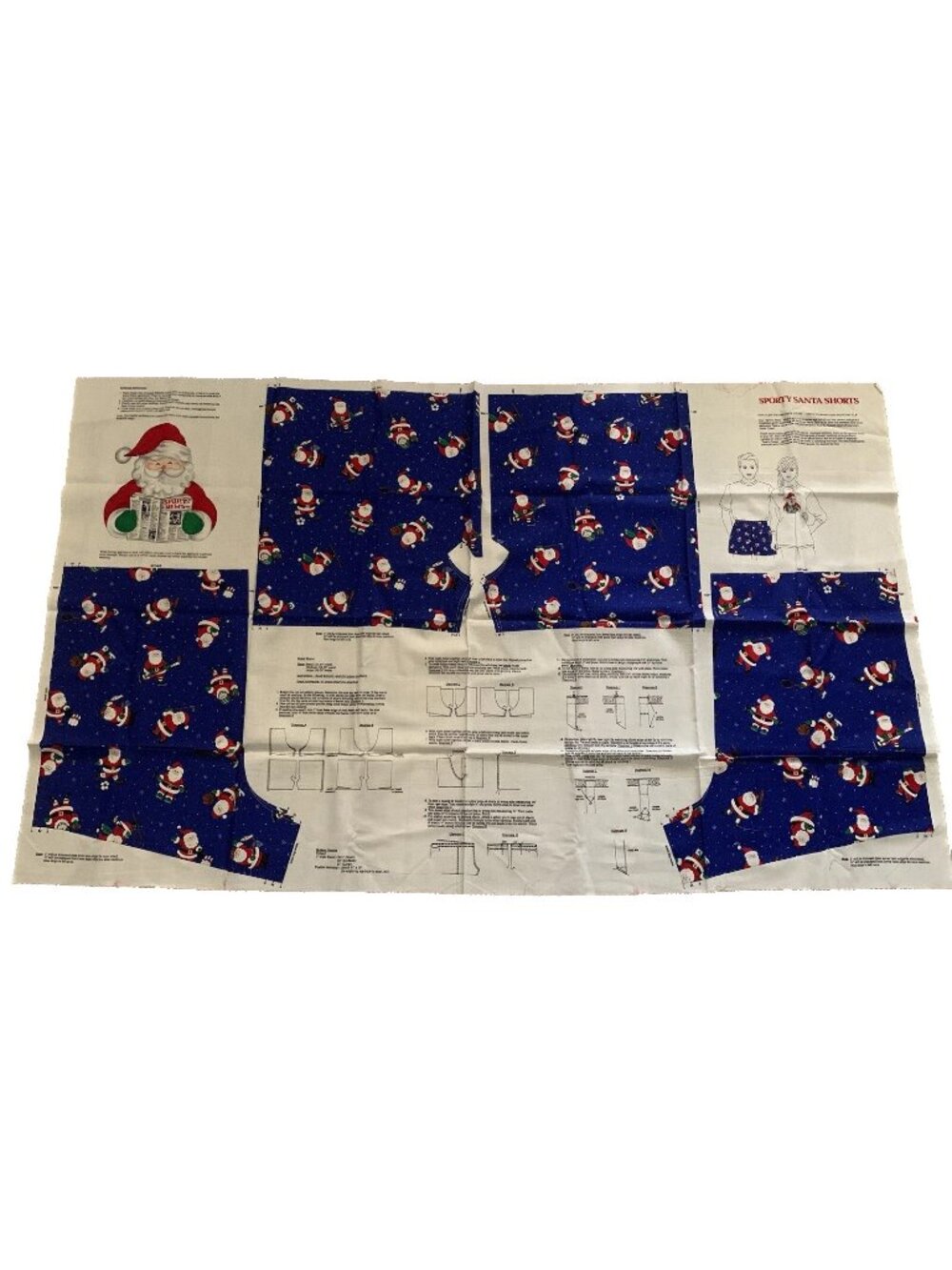 Vtg VIP Cranston Sporty Santa Shorts Sewing Fabric Panel Cotton S-M- L Christmas
